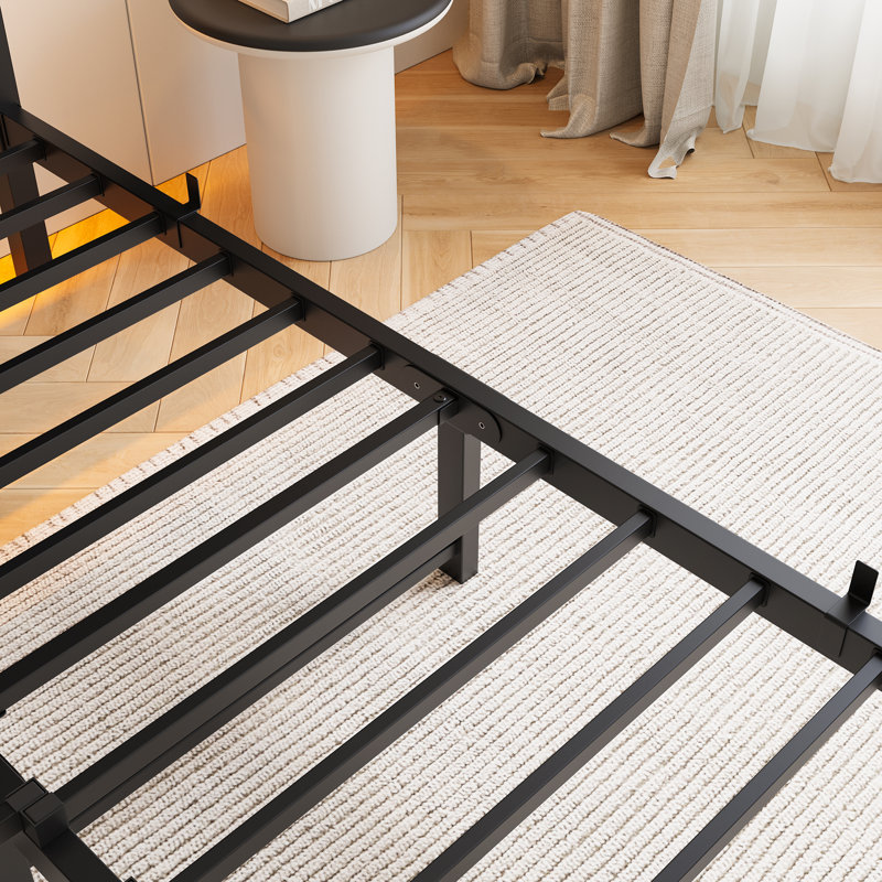 Full Size Metal Bed Frame With Wooden Headboard, RGB Lights, Outlets & Charger, Storage Shelf, Noise-Free, No Box Spring Needed