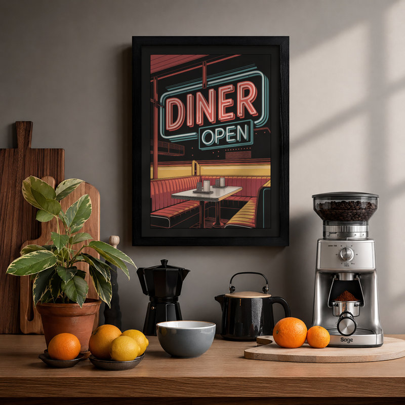 Neon Diner Sign Retro - Framed Print, Black, A3 - 42.0 x 29.7 cm