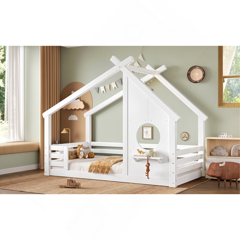 Lit simple au sol avec fenêtre et petite tablette, lit en bois massif avec toit en forme de maison, sans sommier, Twin, White