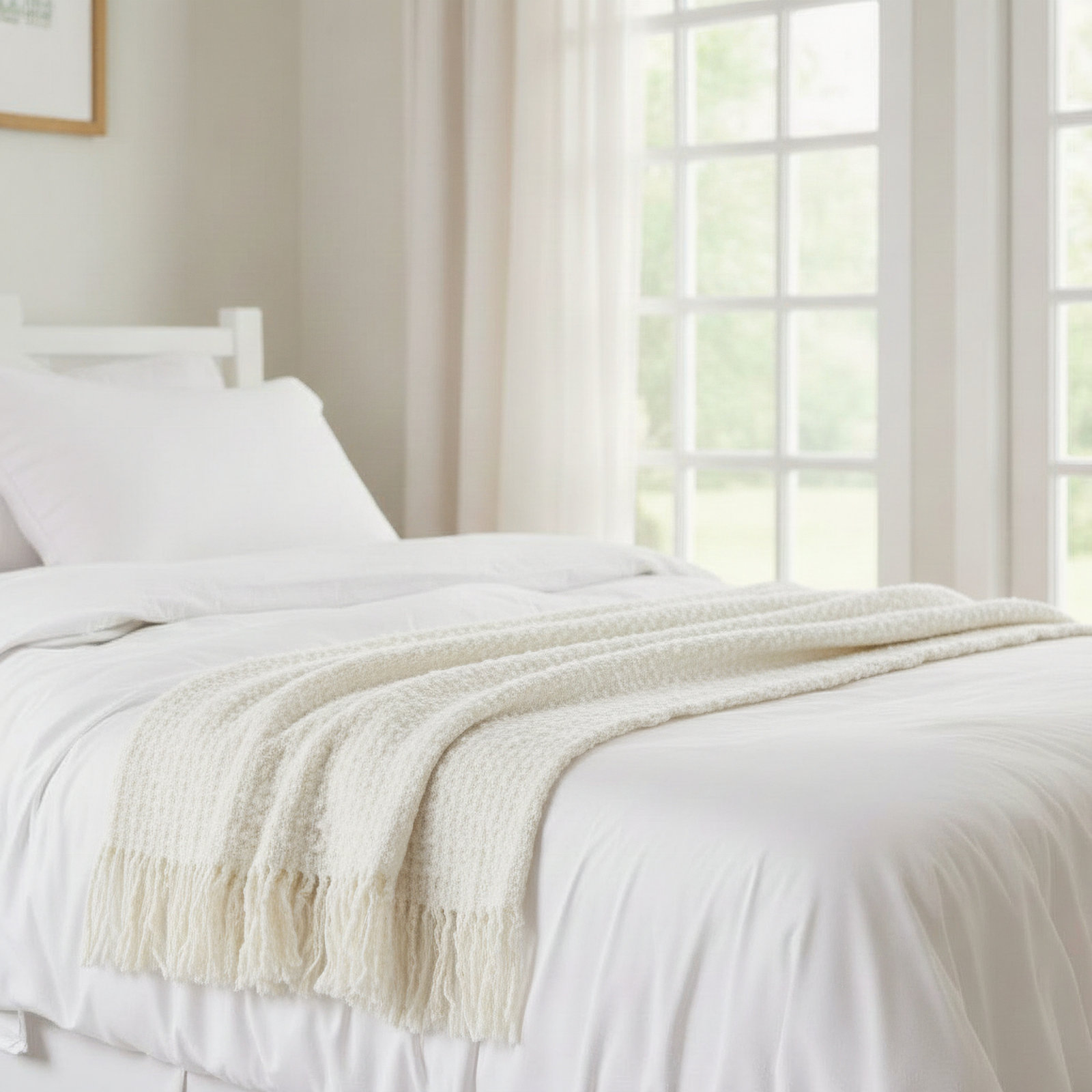 Luma Acrylic Hand Woven Throw Blanket, White/Beige