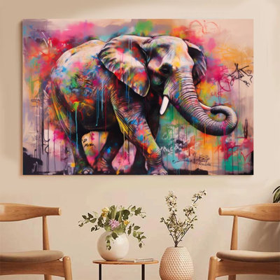 1Pc Framed Canvas Poster Print Colorful Elephant, Abstract Graffiti, Street Art Style Wall Art Decor, Perfect for Room Decor Living Room Bedroom Offic