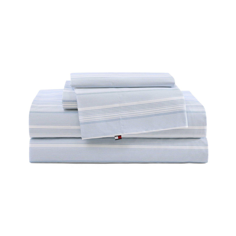 Ensemble de draps en coton percale Tommy Hilfiger, Ensemble de draps pour très grand lit avec 2 taie, Rayures bleu clair