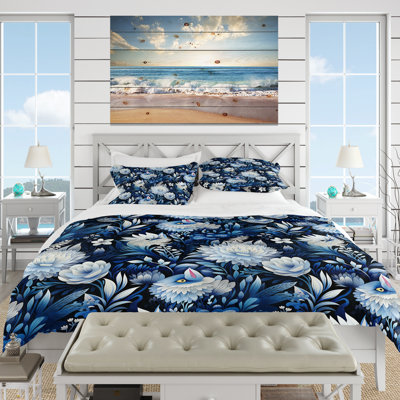Russian Blue And White Flowers Reflections - Ensemble de housse de couette botanique