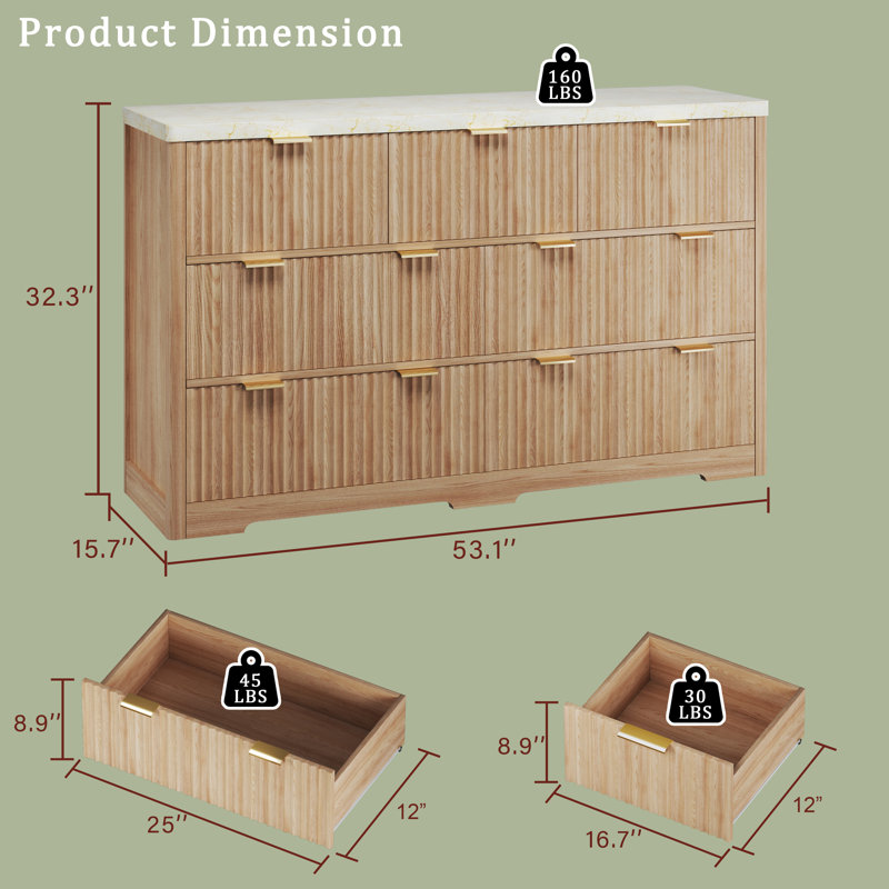 7-drawer Fluted Design Dresser Organizer, Wood Large Chest Of Drawers