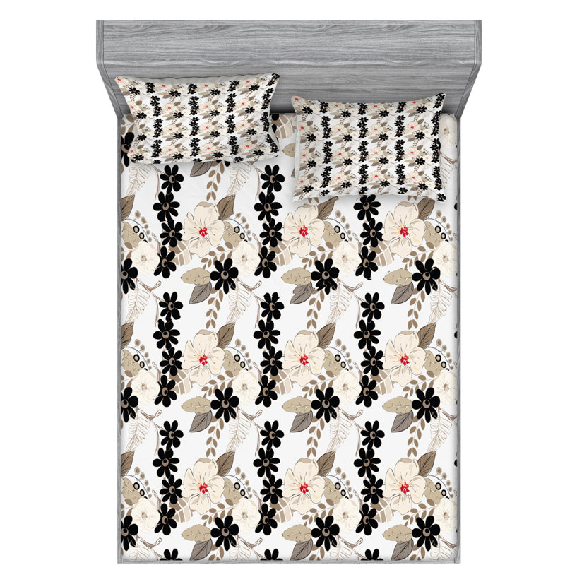 Ensemble de draps en micro-fibre, Ensemble de draps pour lit double avec un drap-hou, Black/White/Brown Floral