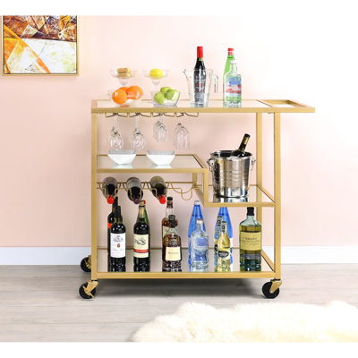 Chariot à finition miroir et champagne pour servir des collations, tablettes supérieures à miroir de 5 mm, cadre en métal, support à vin / verres à pied, roulettes, 3 compartiments ouverts, limite de poids de 70 lb, limite de tablette de 40 lb avec fonction,