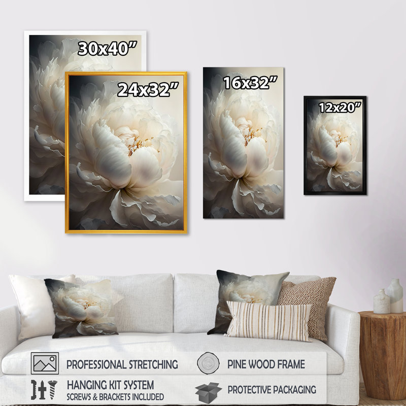 Peony Flower VII - Print on Canvas, 32" H x 16" W, White Floater Framed