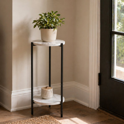 Linnett Plant Stand Indoor Outdoor, 2-Tier Round Plant Shelf, Metal Flower Pot Plant Stand Outdoor and Indoor, Balcony, Patio, Garden, Marble White