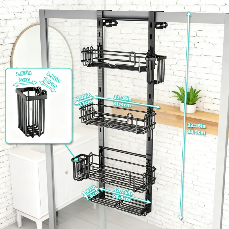 4-Tier Over-The-Door Hanging Shower Caddy With 22 Hooks And Toothbrush Holders - Adjustable, Rustproof Stainless Steel, Black