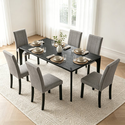 7-Piece Dining Set, 59" Rectangular Wood Table with 6 Upholstered Chairs with S-Spring Support, Mid Century Modern Kitchen Table Set for Dining Room,