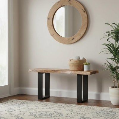 Berrin 36" Live Edge Solid Acacia Wood Bench with Black Metal Legs