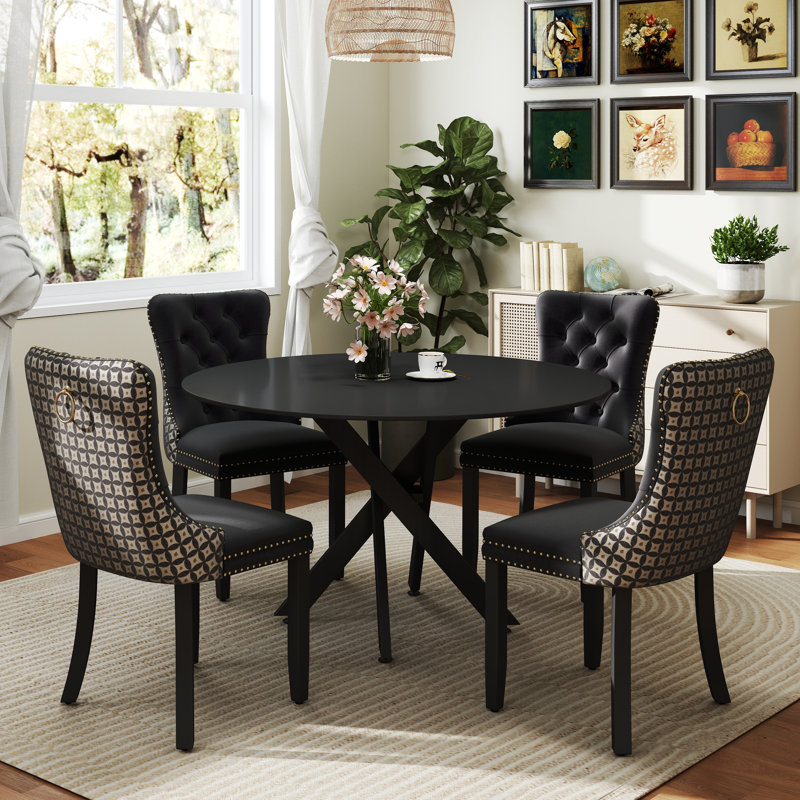 Ensemble de salle à manger rond en bois avec chaise capitonnée, Noir, Beige, Noir, noir, noir, noir