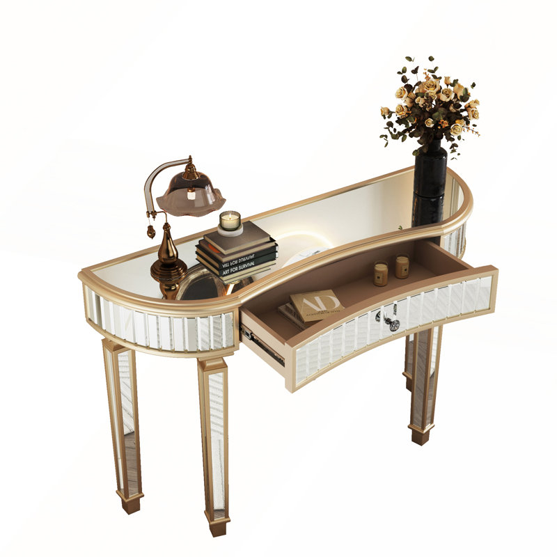 47" Half-Moon Mirrored Console Table With Fluted Glass & Crystal Knob Drawer - Silver Entryway Vanity Desk For Bedroom/Dressing Room(Gold+Sliver)