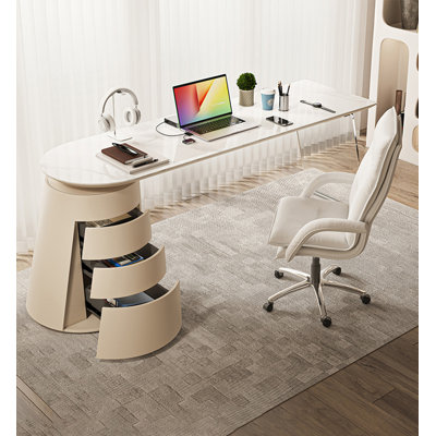 Italian Desk with Sintered Stone Top and Storage Cabinet