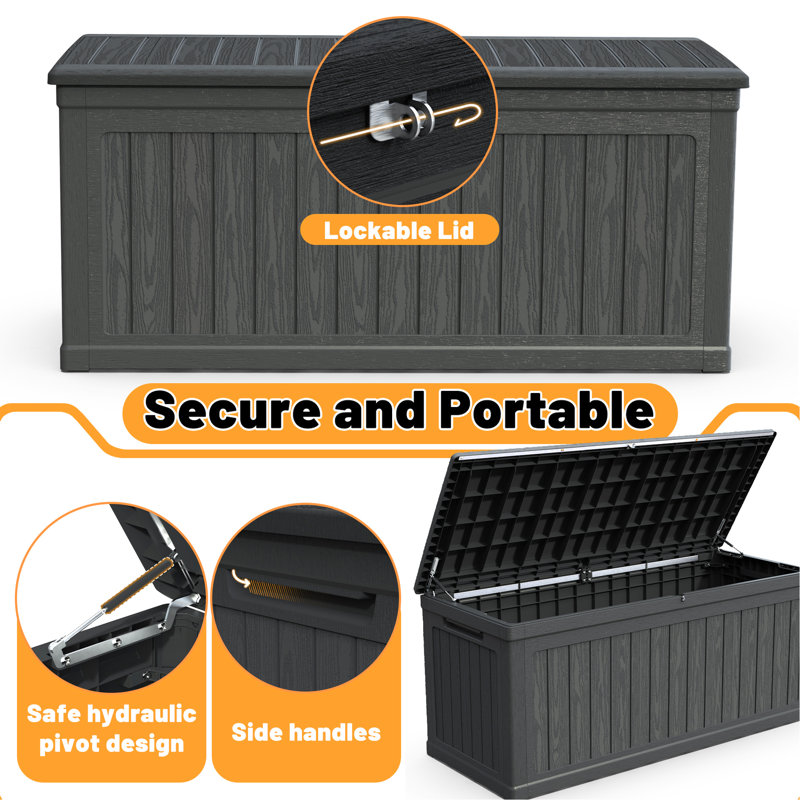 Black Outdoor 260 Gallon Deck Box With Double - Wall Technology, All Weather , Suitable For Patio Cushions And Can Serve As A Table Structure, Guard Resin, Ideal Gardening Tools An Extra Surface