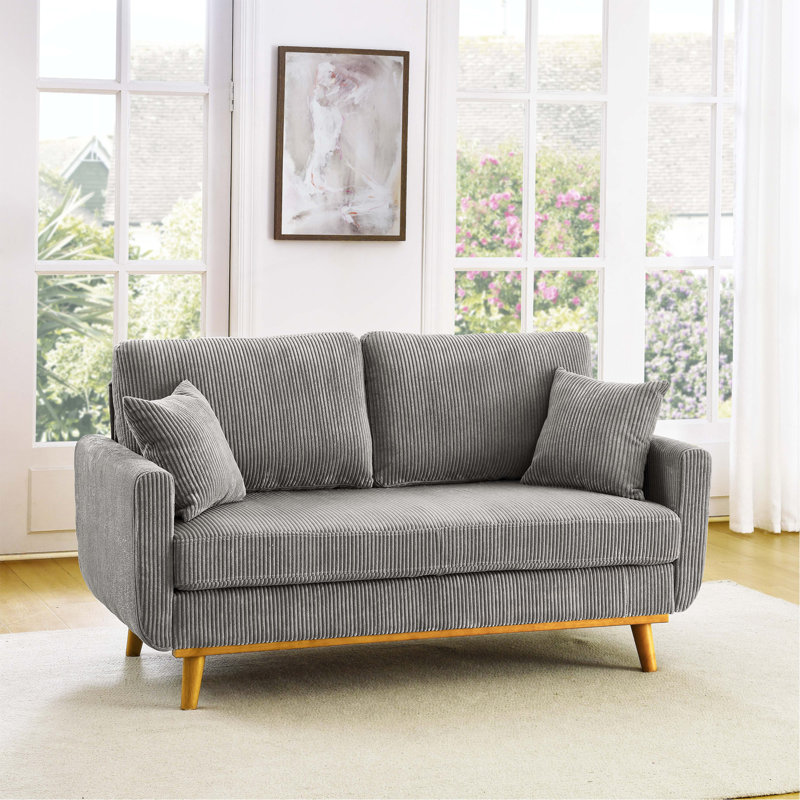 Velours côtelé gris Mid-Century de style Mid-Century avec base en bois massif et deux coussins décoratifs pour petits coins confortables