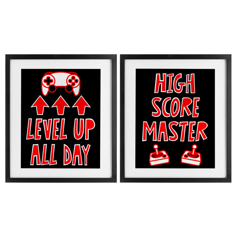 Ensemble de jeu encadré sous verre 2 pièces Level Up High Score Gamer, design par Marcus Prime, Cadre noir minuit