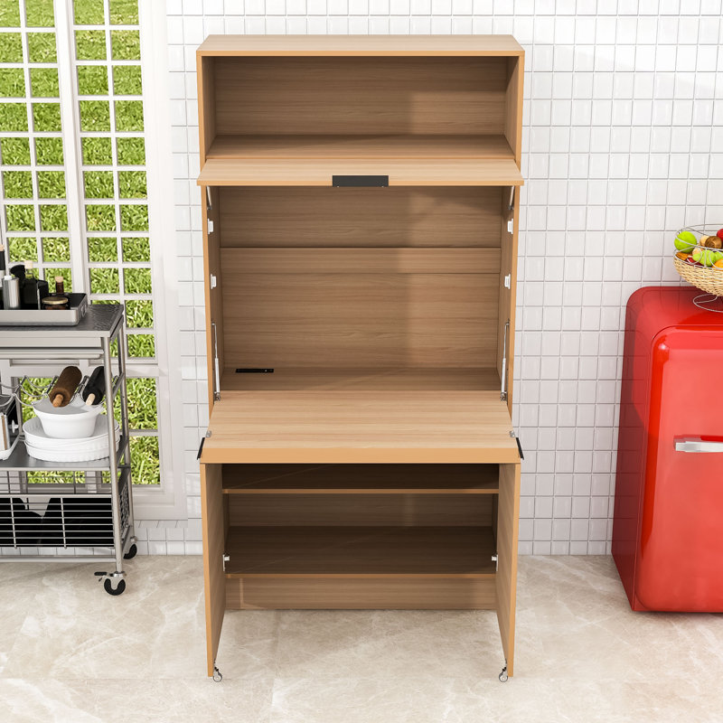 Armoire de cuisine polyvalente avec tablette réglable, poste de travail pliable et station de charge intégrée, Naturel