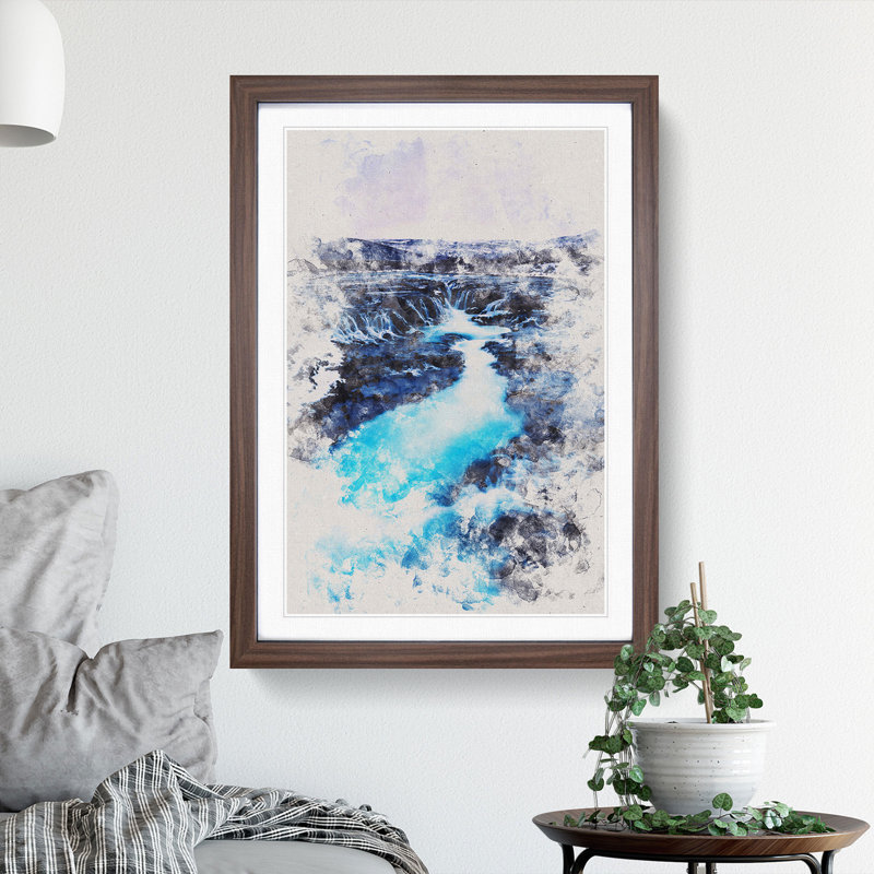 Winter Waterfall in Iceland Watercolour - Picture Frame Graphic Art, 36cm H x 27cm W x 2cm D, Walnut