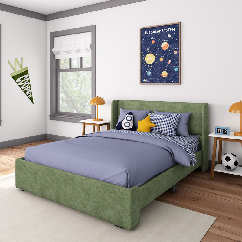 Solid Wood Upholstered Panel Bed with Rectangular Headboard, Queen, Green