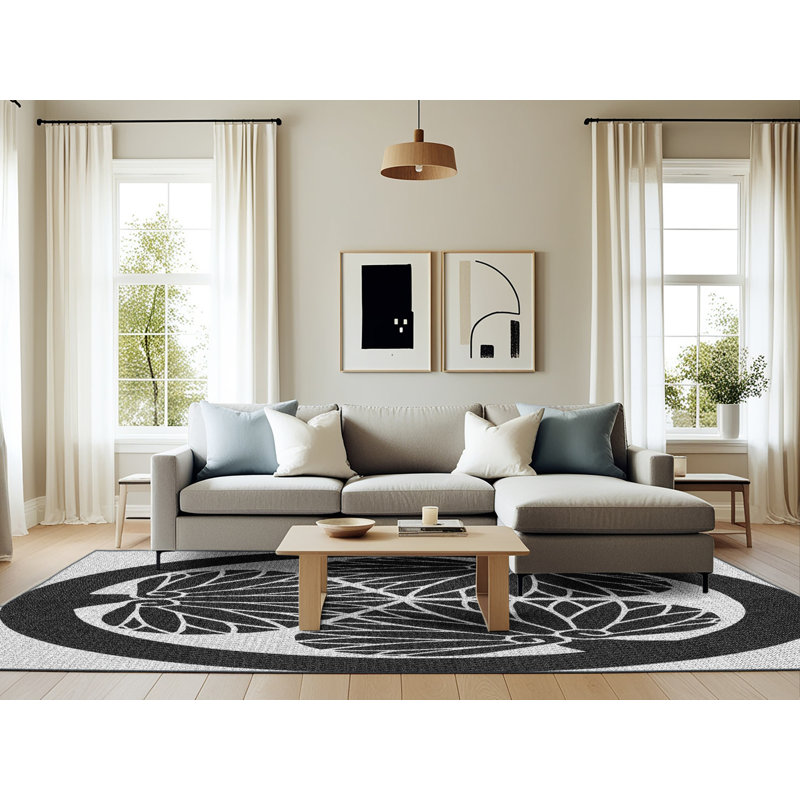 Tapis noir/gris tissé à la machine, Rectangle 6 pi x 9 pi