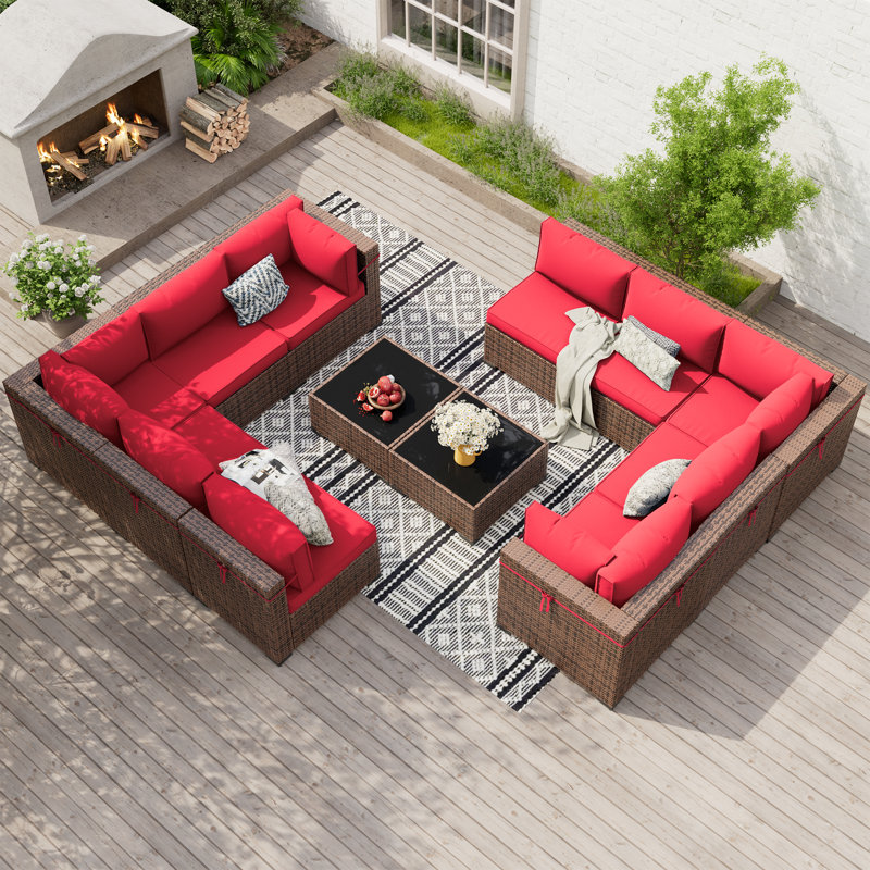 Treyshun Wicker 10 - Person Modular Patio Conversation Set with Cushions, Red