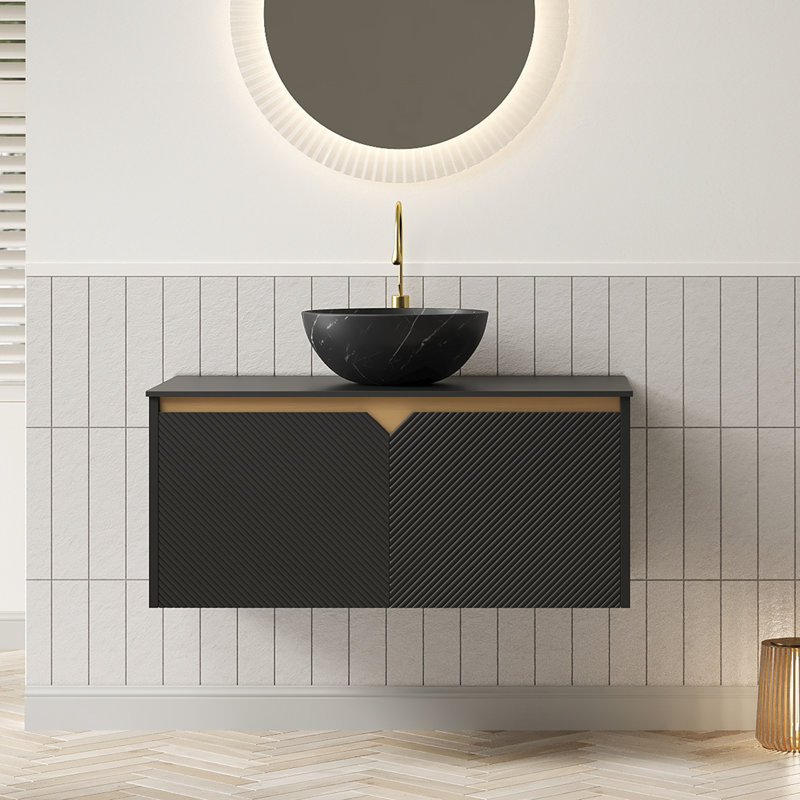 Ruben 36" Wall-Mounted Floating Bathroom Vanity & Sink, Plywood Cabinet, Twill Double Doors with Metal Trim, Black Bowl Ceramic Basin & Stone Top
