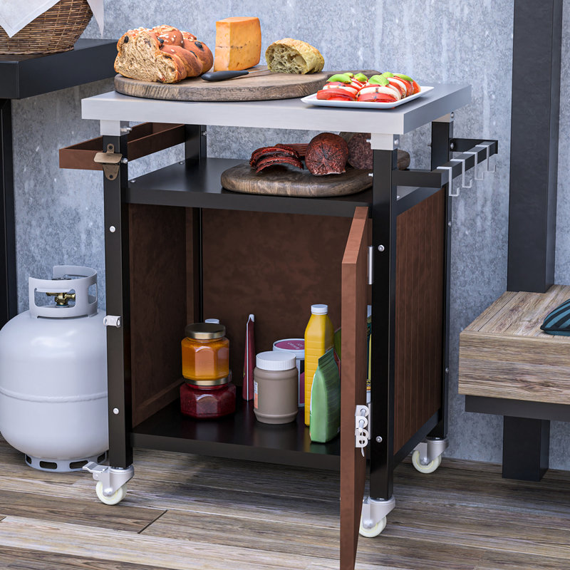 Chariot extérieur pour barbecue avec plateau imperméable - Roues de service mobiles et crochets de rangement pour table en acier inoxydable