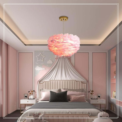 18 pouces lustres en plumes roses pour le salon, 3 lumières modernes romantiques en plumes roses pour la chambre des filles