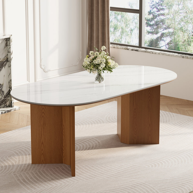  71'' Modern Oval Dining Table with Double Brown Wood Legs Seats 4-6, White Sintered Stone and Quality Wood Top Dining Table Kitchen Table