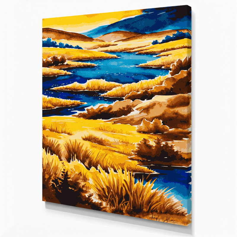 Aquarelle, paysage, toile jaune, art mural, H 24 po x l 36 po