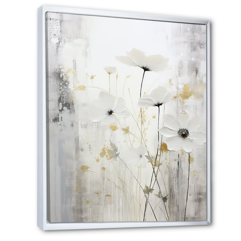 «Gray and White Herbs Minimal Harmony I», reproduction d'art sur toile, Cadre flottant blanc, H 32 po x l 24 po x P 1 po