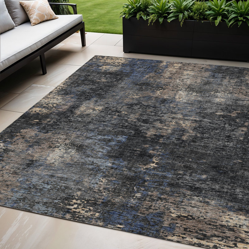 Tapis extérieur lavable abstrait gris anthracite et argent 5 pi x 8 pi