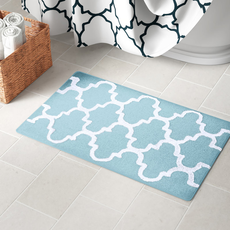 Anastatia Cotton Non-Slip Bath Rug, 34" x 21", Arctic Blue/White
