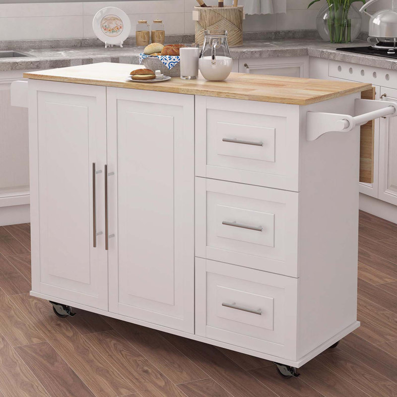 Îlot de cuisine avec support à épices, porte-serviettes et plateau de table en bois massif extensible - blanc, Blanc