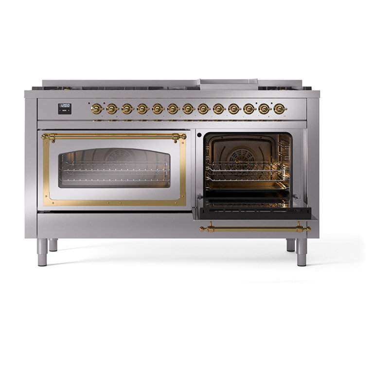 ILVE Nostalgie II Noblesse 60 in Dual Fuel Range, 9 Burner, Griddle, Stainless Steel/Brass, Natural Gas