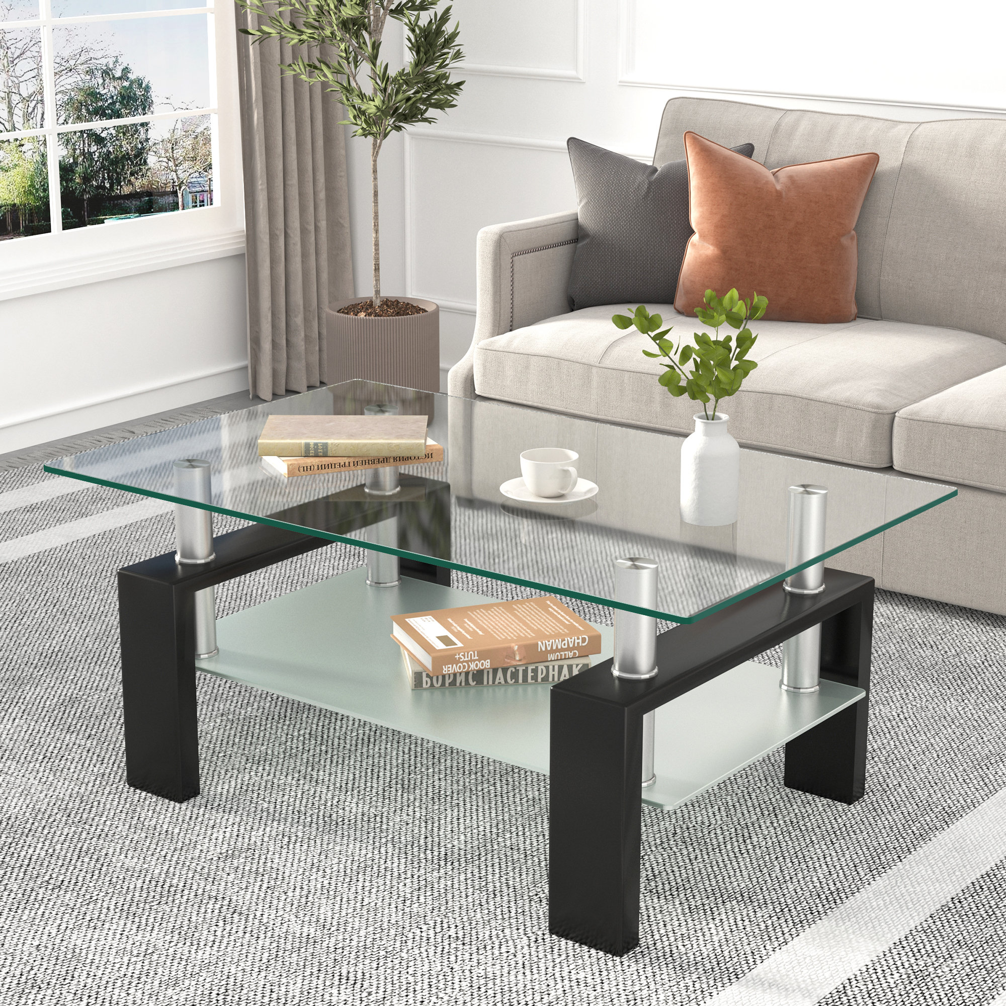 Ivy Bronx Rectangle Glass Coffee Table, Clear Coffee Table, Modern Side ...