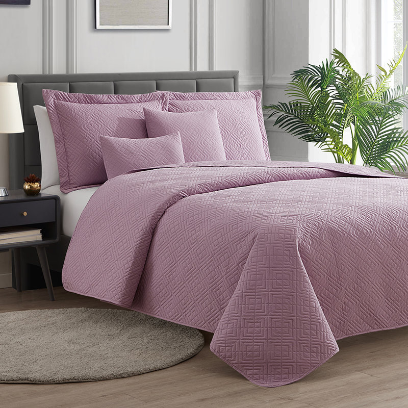 Diamond Weave Premium Microfiber Reversible Quilt Set, King Quilt + 2 King Shams + 2 Euro Shams, Lavender Dream