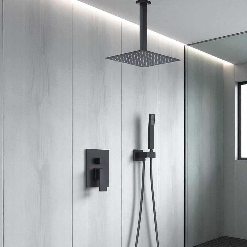 Ceiling Mount Shower System Rain Shower Head With Handheld Spray High Pressure Shower Faucet Set Rough-In Valve Shower Trim Kit Included Bathroom Matte Black 12 Inch Ceiling Shower Head