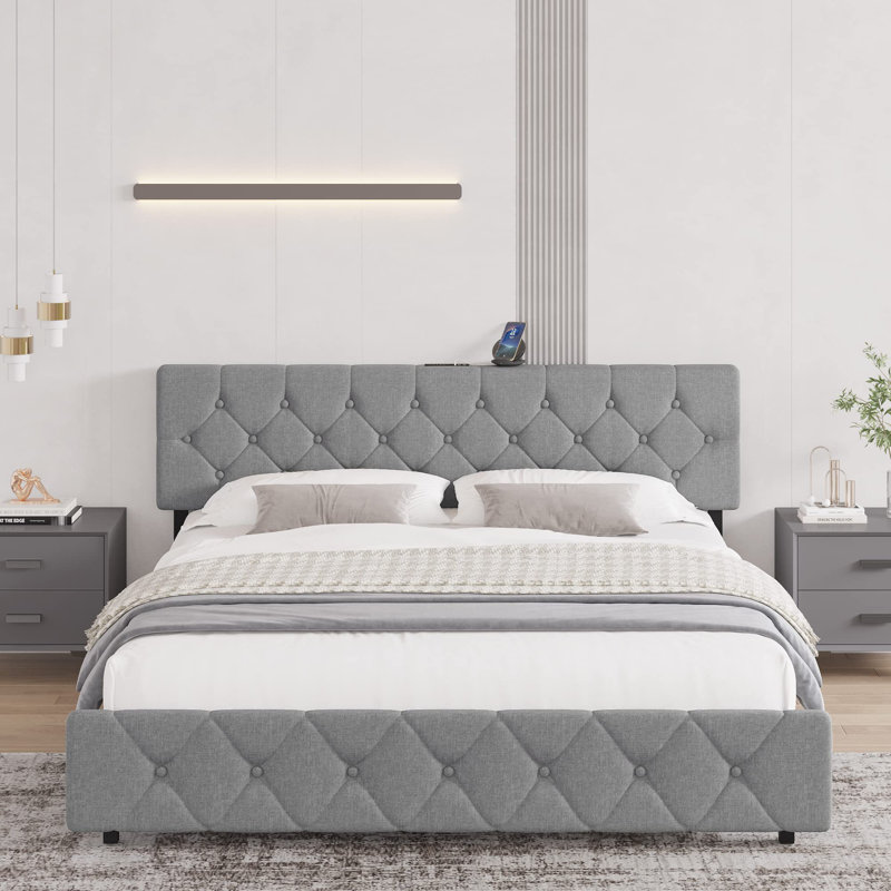 Upholstered Slat Bed, King, Dark Gray