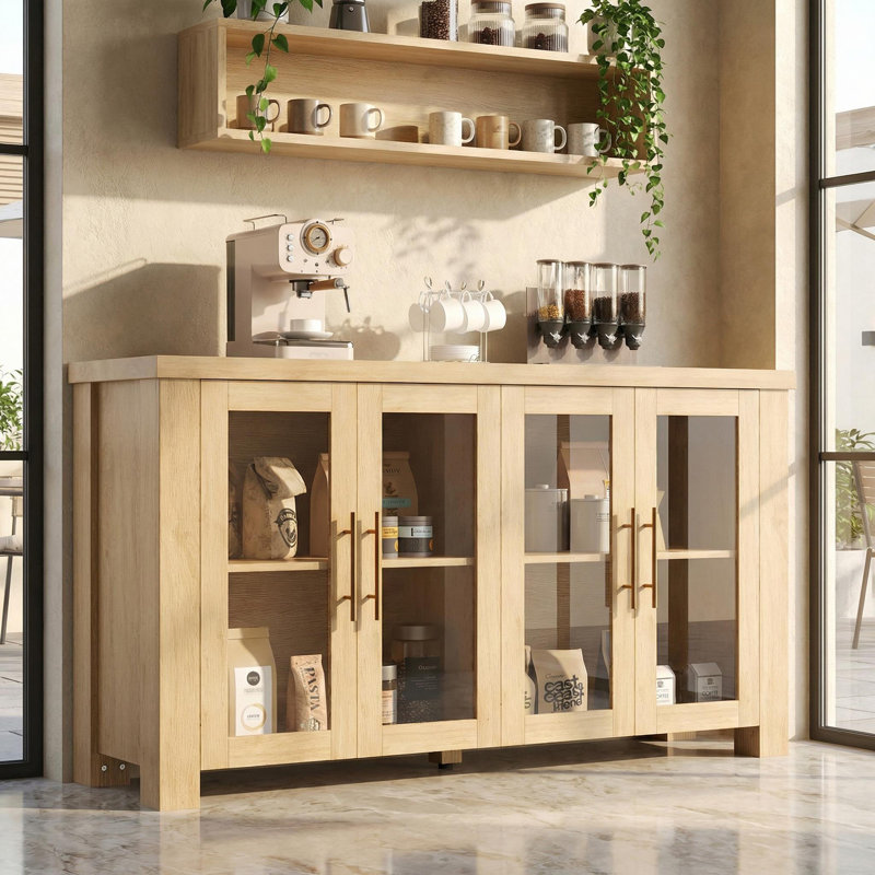 Buffet 59 po avec rangement, crédence avec portes en verre trempé, table de buffet en bois à 4 portes pour le salon, la salle à manger, la cuisine, couleur bois