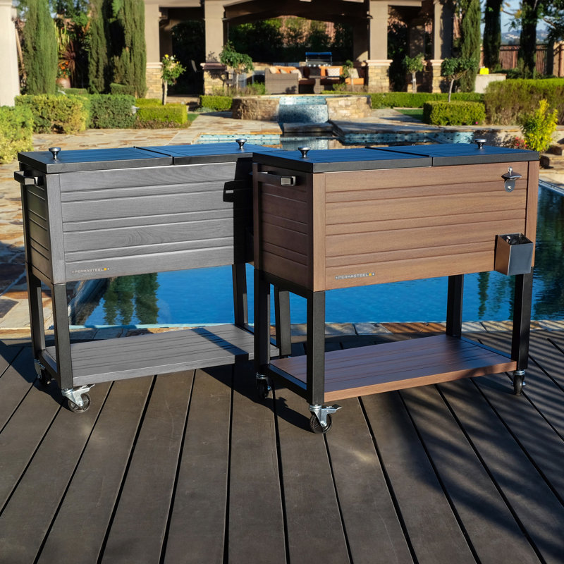 Permasteel 80-Qt Outdoor Rolling Patio Cooler on Wheels Woodgrain Style, Gray