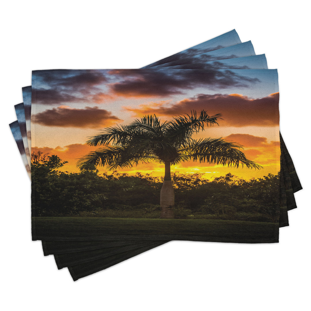 Platzdeckchen 4er Set, Exotischer Baum im Sonnenuntergang, Orange Grün