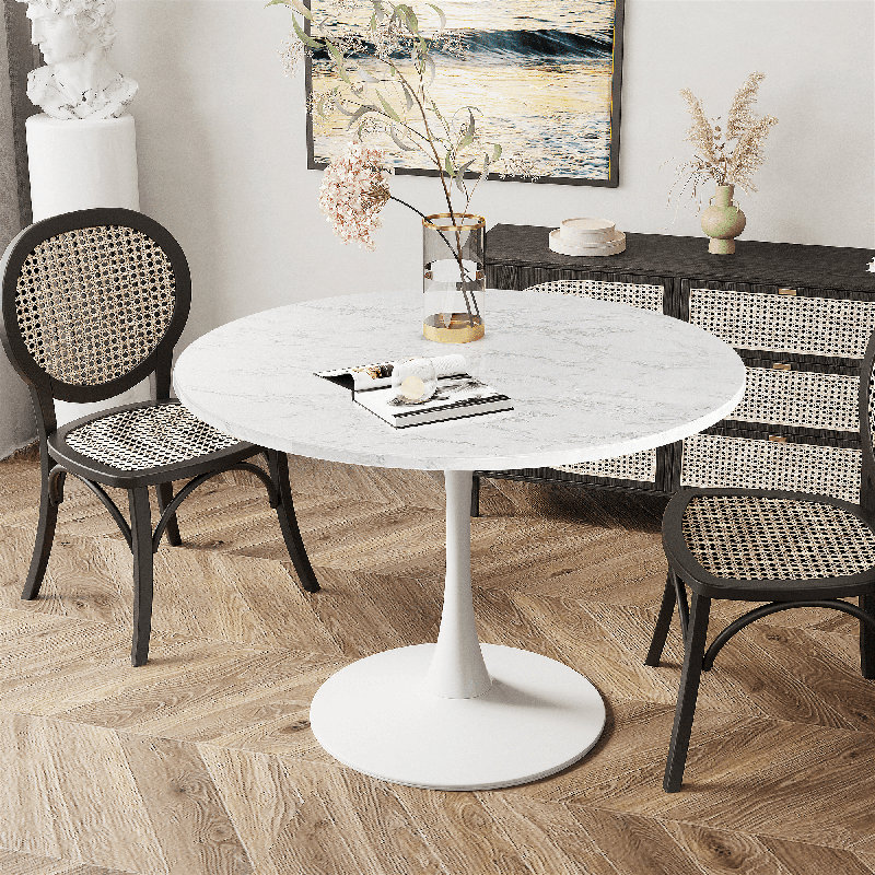 Indars Round Metal Base Dining Table, White, 31.5" W x 31.5" L