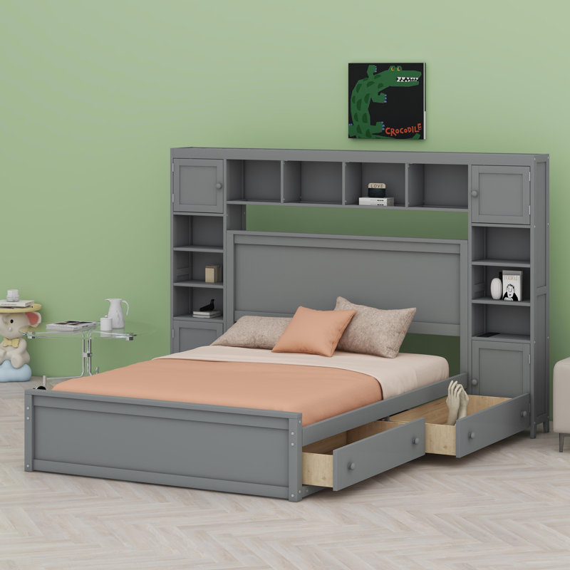 Lit en bois avec armoire, Gris