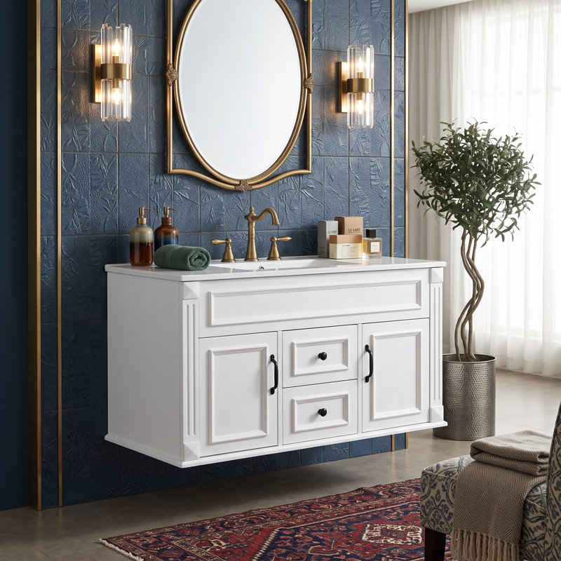 Meuble-lavabo moderne français 36 po avec lavabo intégré en céramique, armoire flottante en bois massif avec 2 tiroirs (blanc / noir / gris / bleu)