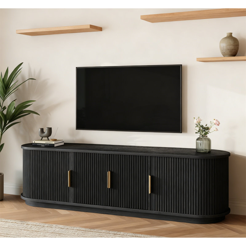 Farmhouse Wooden TV Stand with Sliding Tambour Door, Black