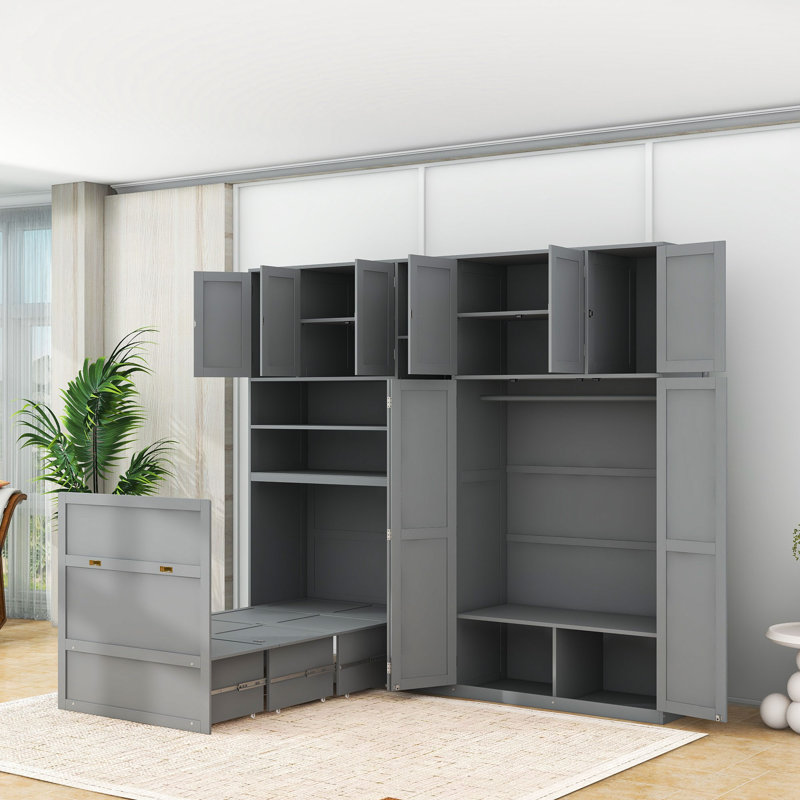 Lit simple escamotable en bois avec tablettes, Grey