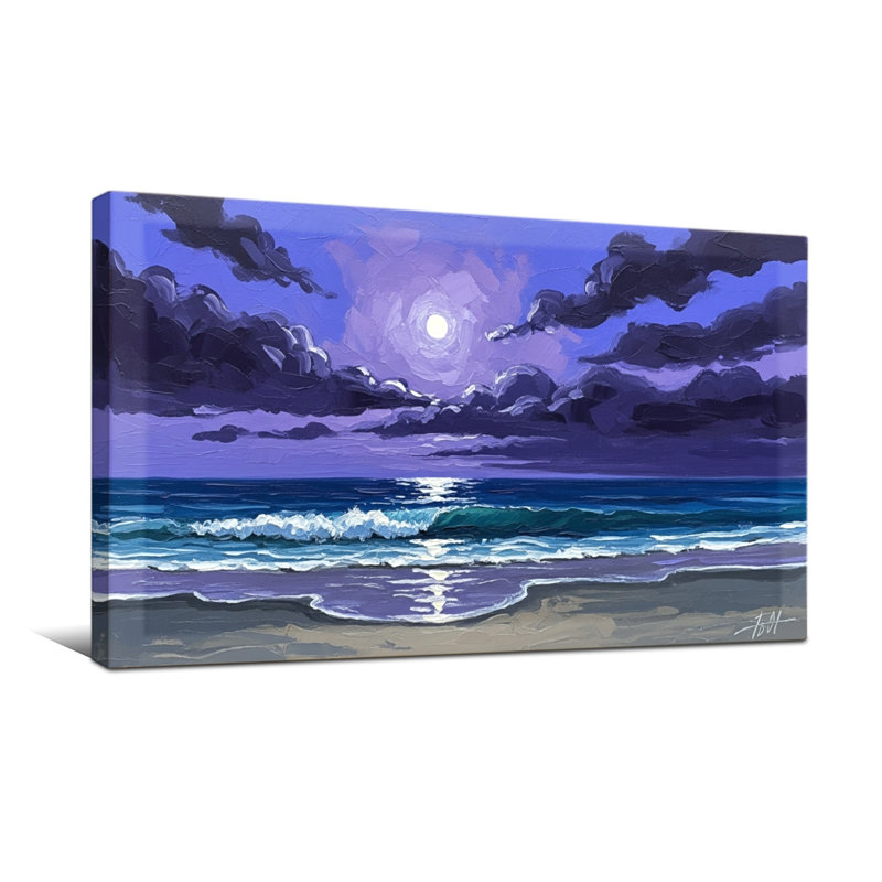 Nautique et plage, éclairé par la lune, océan, vagues, ciel nocturne, nuages, scène de plage, H 16 po x l 32 po