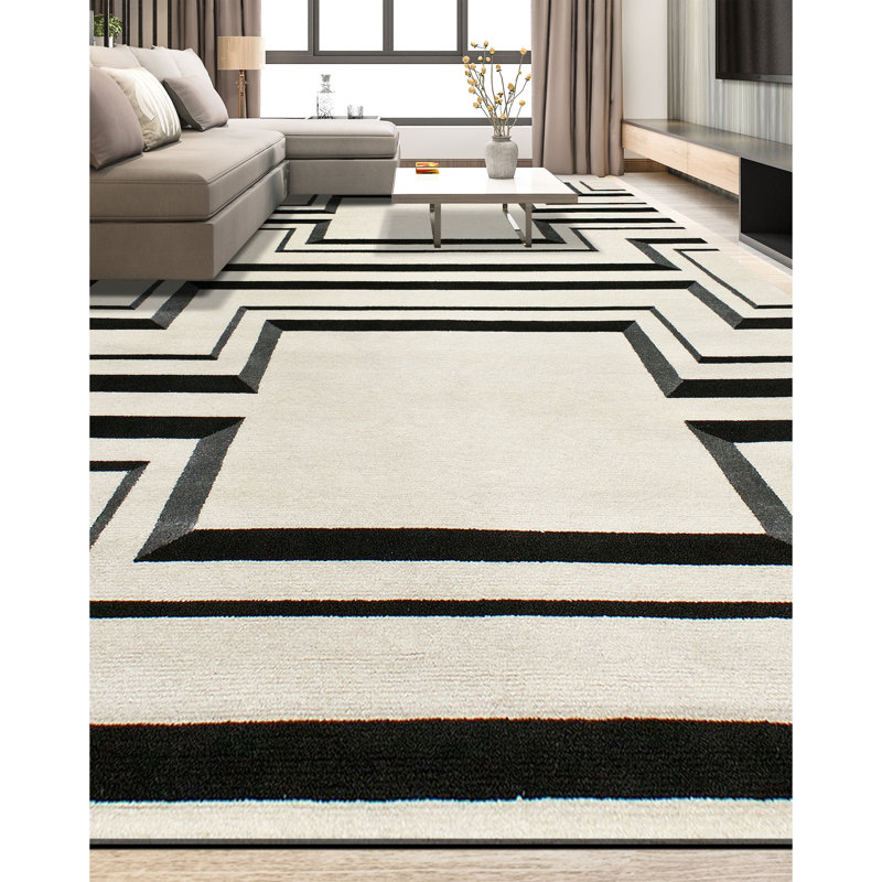 Geometric Area Rug in Black/Ivory, Rectangle 6' x 9'